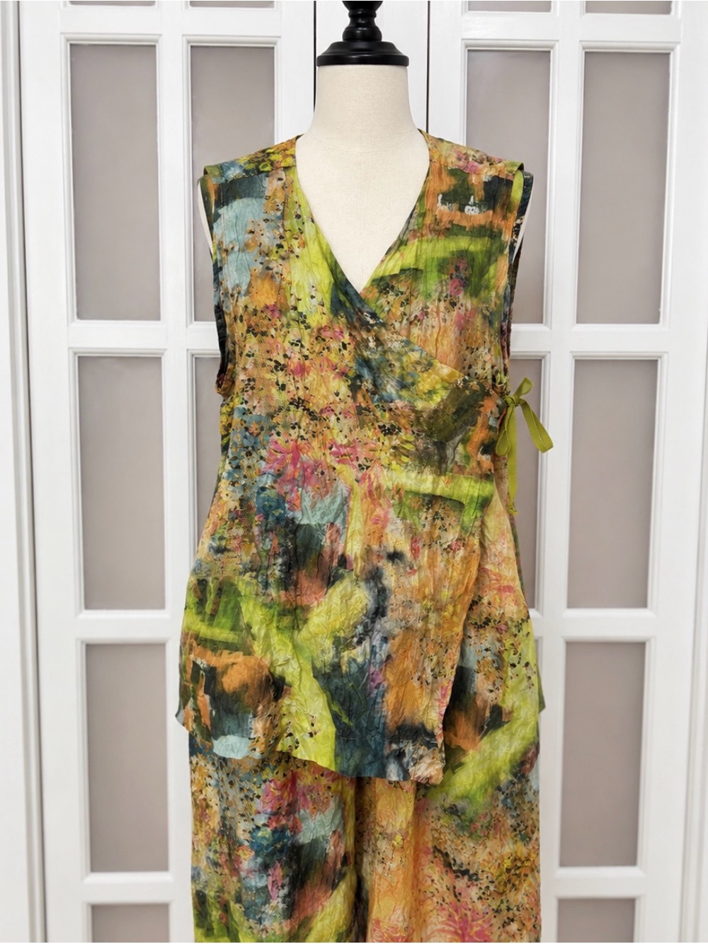 Bryn Walker 2 Piece Art Print Tunic Top Pants Set L Crinkle Lurex USA Large
